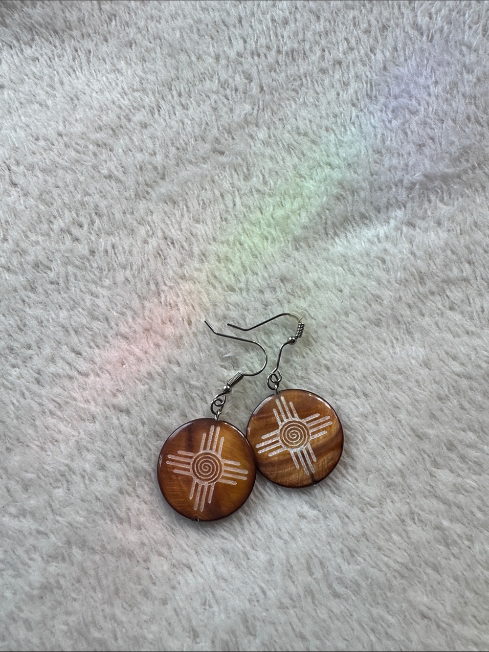 Brown Wood Spiral Sun Drop Earrings